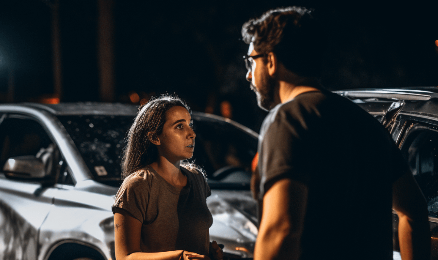 A man and woman argue beside a parked car at night, illuminated by streetlights