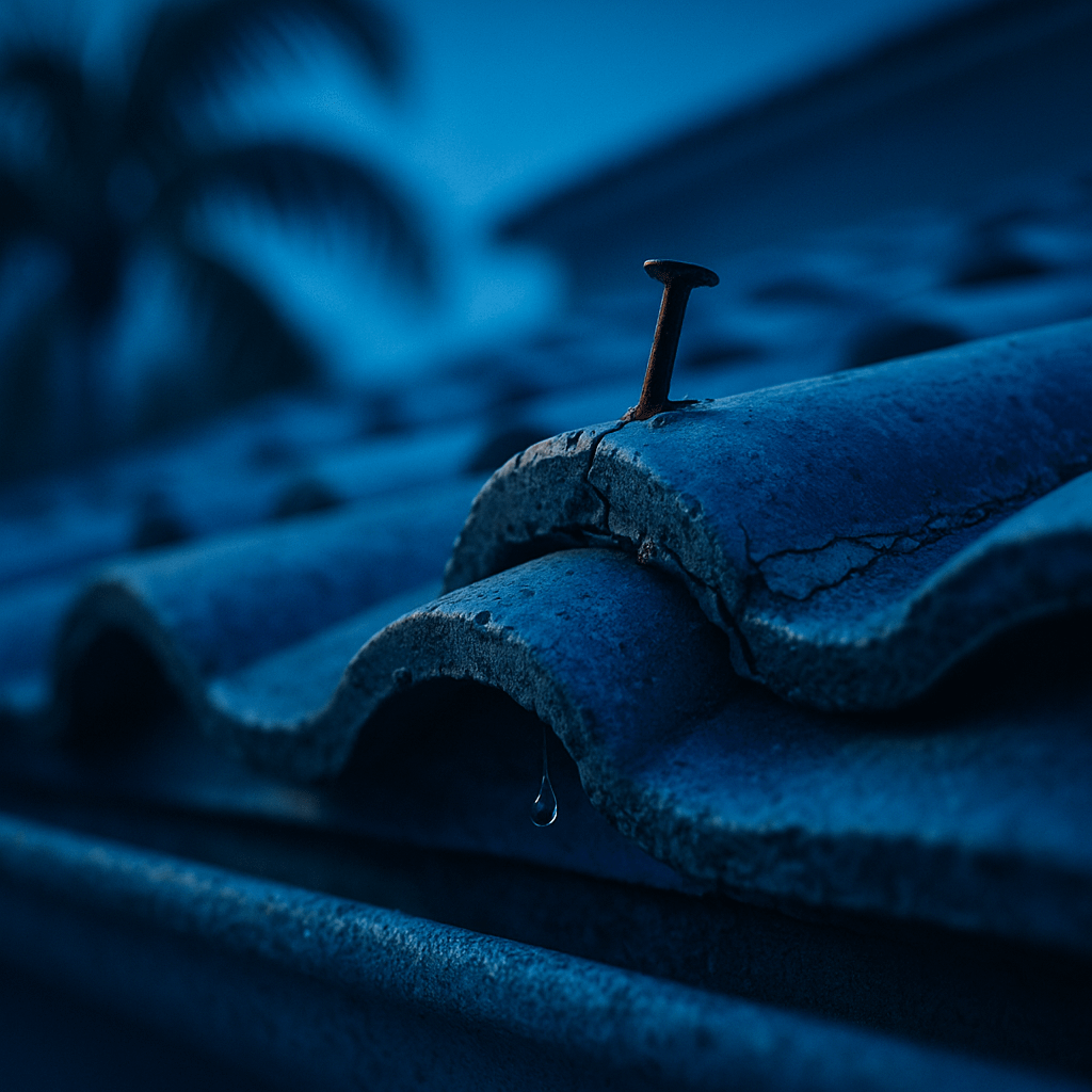 Close-up of weathered blue clay roof tiles in Hollywood, Florida at dusk, a rusted nail jutting up and a hanging water droplet, with blurred palm and house shapes in the cool blue background