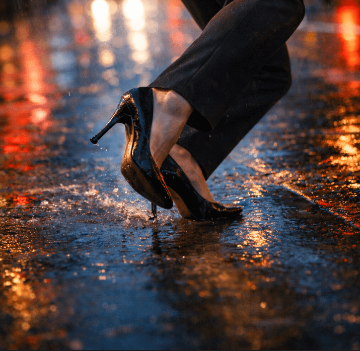 Woman in high heels slipping on a rain-slick city sidewalk at dusk