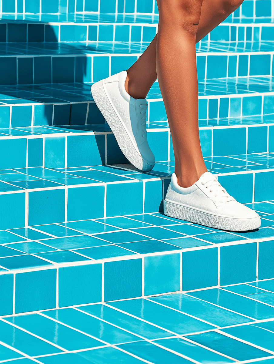 Close-up of white sneakers on vibrant turquoise tiled stairs, creating a fresh and summery vibe with bold color contrasts