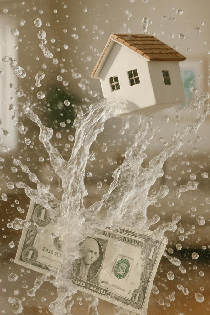 A small model house is surrounded by dramatic splashes of water, with waves and droplets spraying in all directions. Beneath the house, a soaked one-dollar bill is partially submerged in the turbulent water. The background shows a softly blurred living room, creating contrast between the chaotic water motion and the calm indoor setting