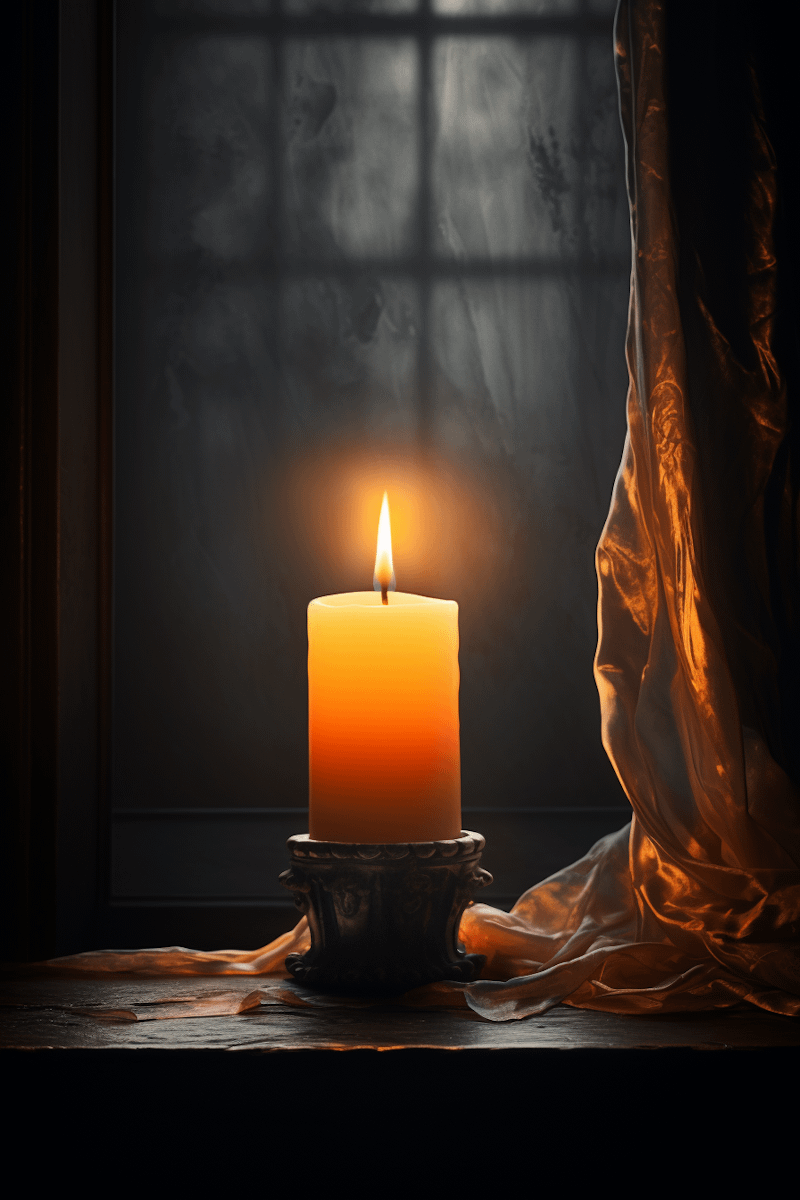 A glowing candle on an ornate holder illuminates a dim room with golden light, set against a frosted window and soft draped fabric