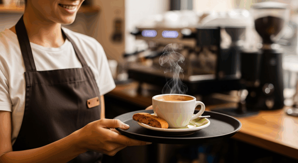 A smiling barista serves a steaming cup of coffee with a biscotti in a cozy coffee shop setting.