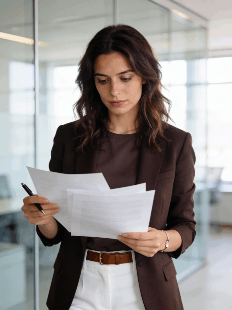 Professional woman in a modern office reviewing documents, dressed in a brown blazer and white trousers, focused on her work.