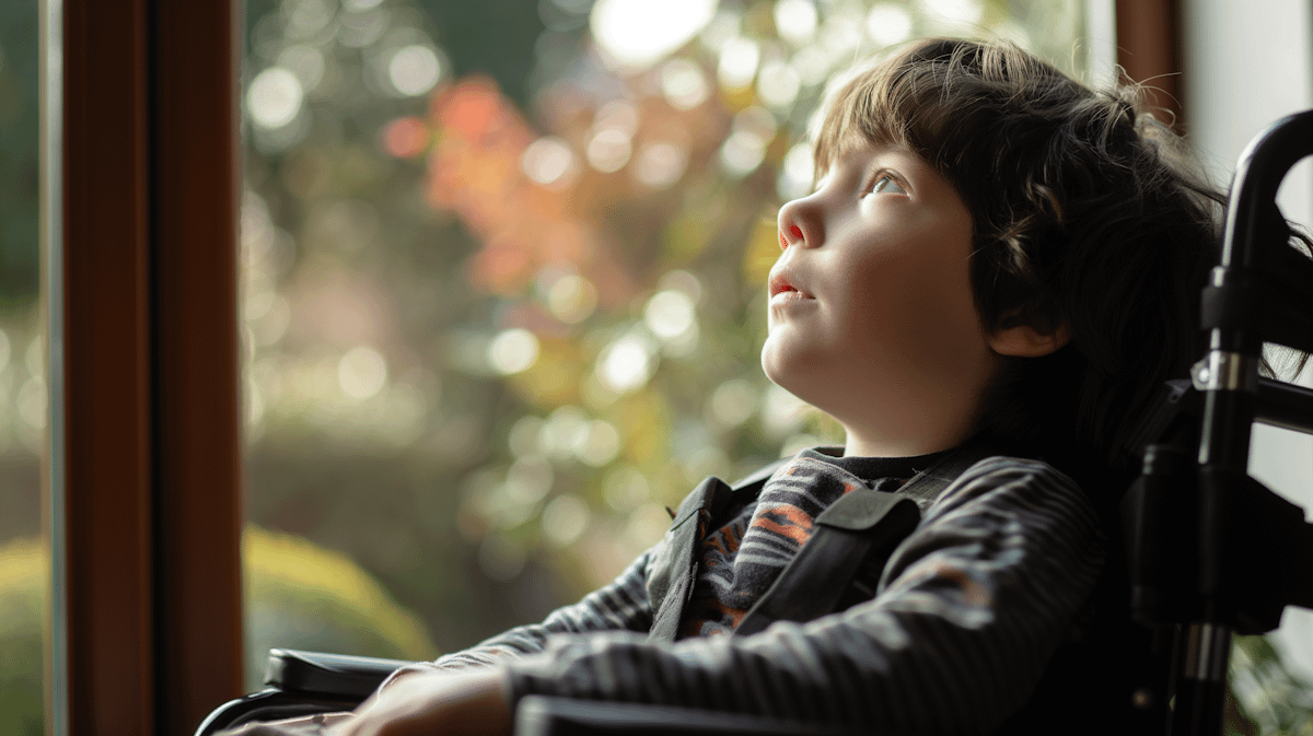 Young boy in a wheelchair gazes thoughtfully out a window, surrounded by soft light and blurred greenery