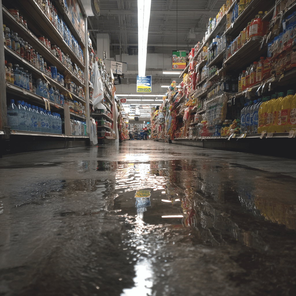 a puddle in the aisle of a grocery store