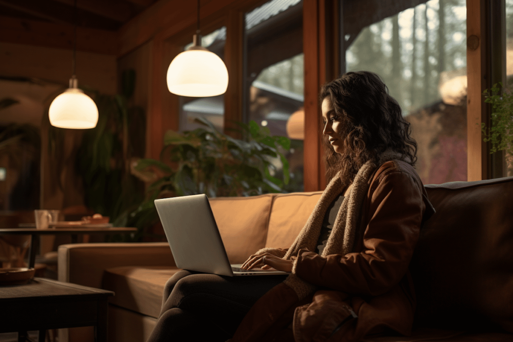 Woman working on a laptop in a cozy, warmly lit room with large windows and plants