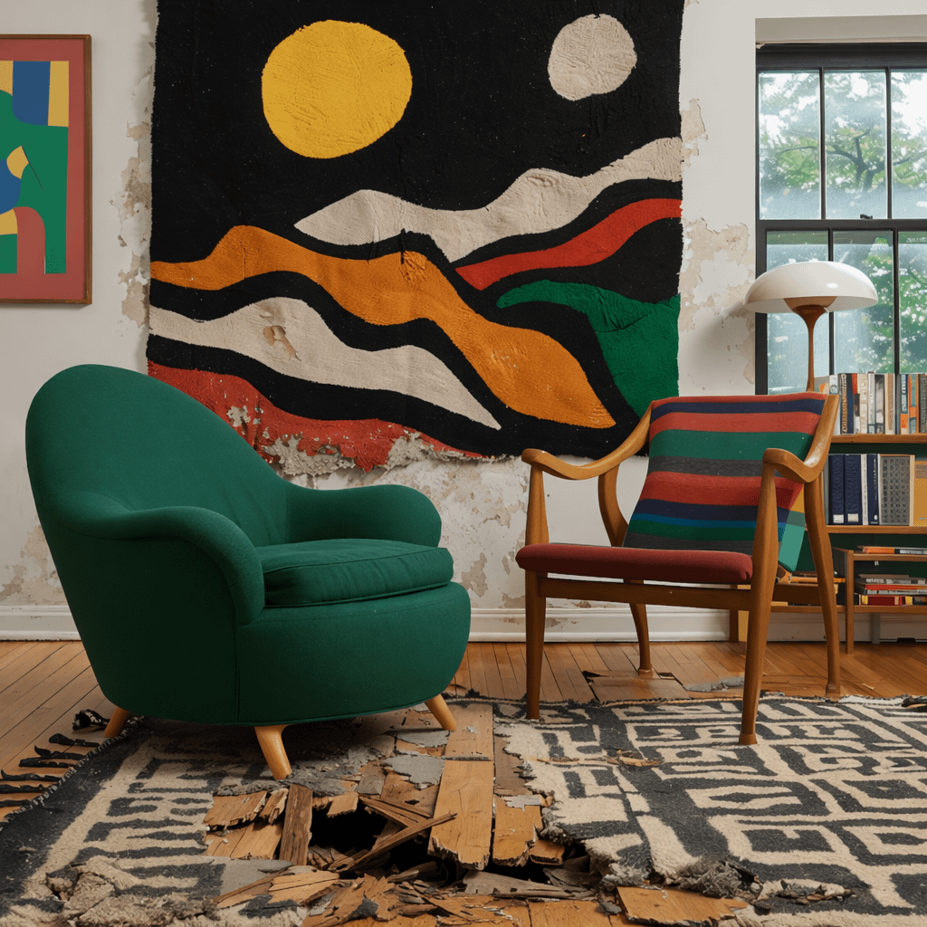 Damaged living room with mid-century furniture