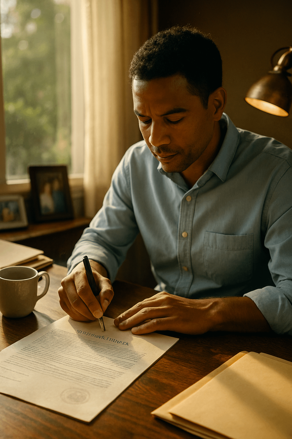 A focused homeowner sits at a rich walnut desk, pen hovering over a detailed homeowners insurance contract as they commit their signature with quiet determination