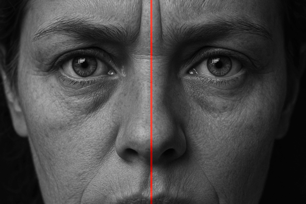 The black-and-white close-up photograph shows a person’s face from the front, focusing mainly on their eyes and upper nose