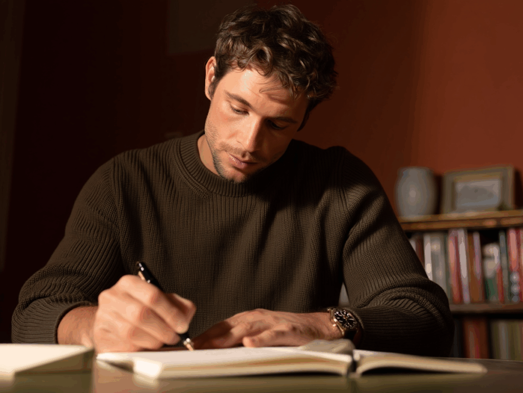 A man writing in a notebook, wearing a green sweater under warm lighting