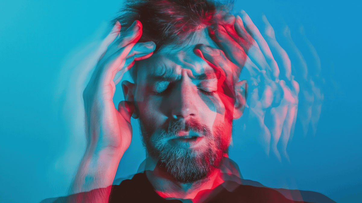 A man with a beard holds his temples, eyes closed, in a double exposure effect with red and blue lighting