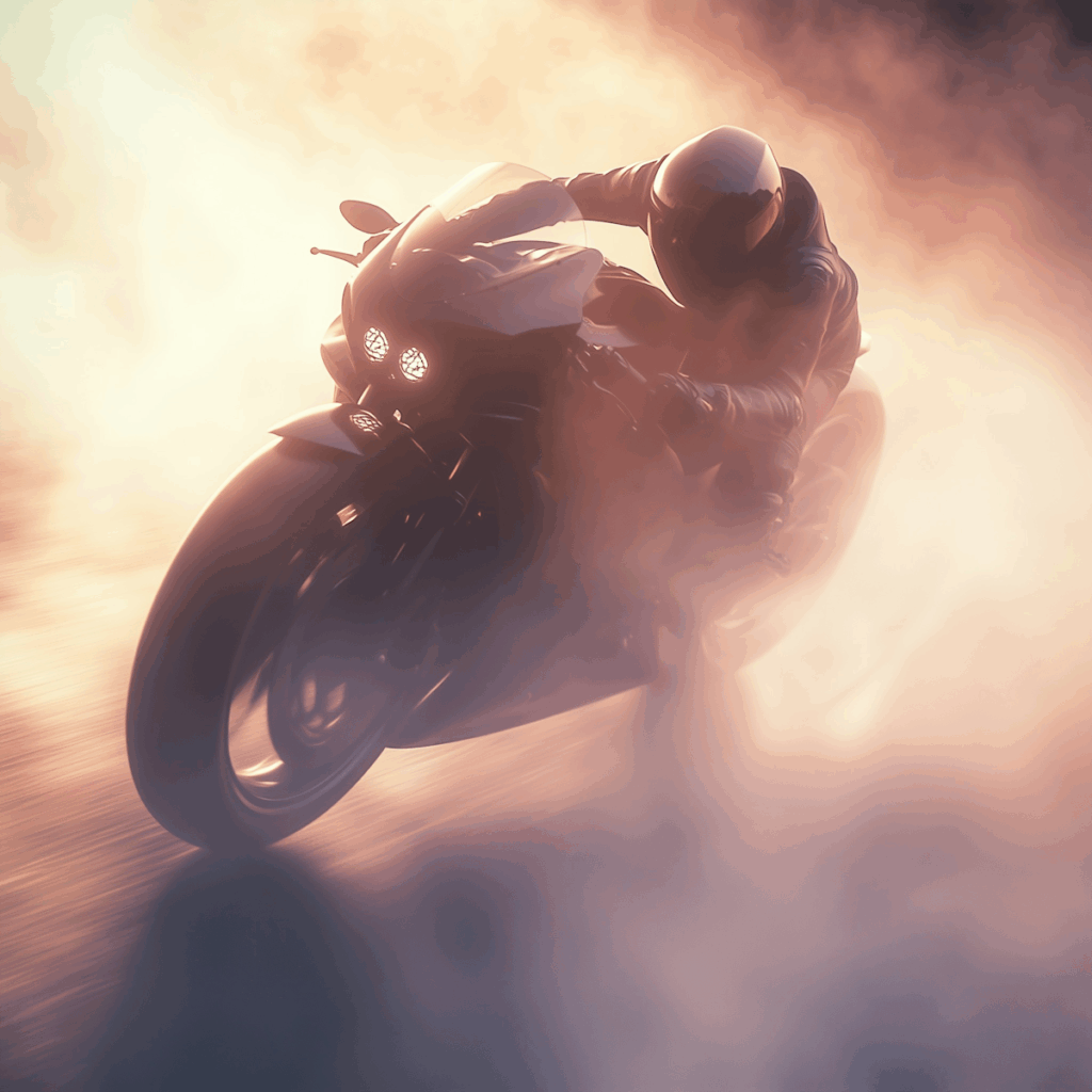 Motorcyclist leaning into a turn, cutting through smoke with bright headlights, bathed in golden light for a dramatic, high-speed vibe