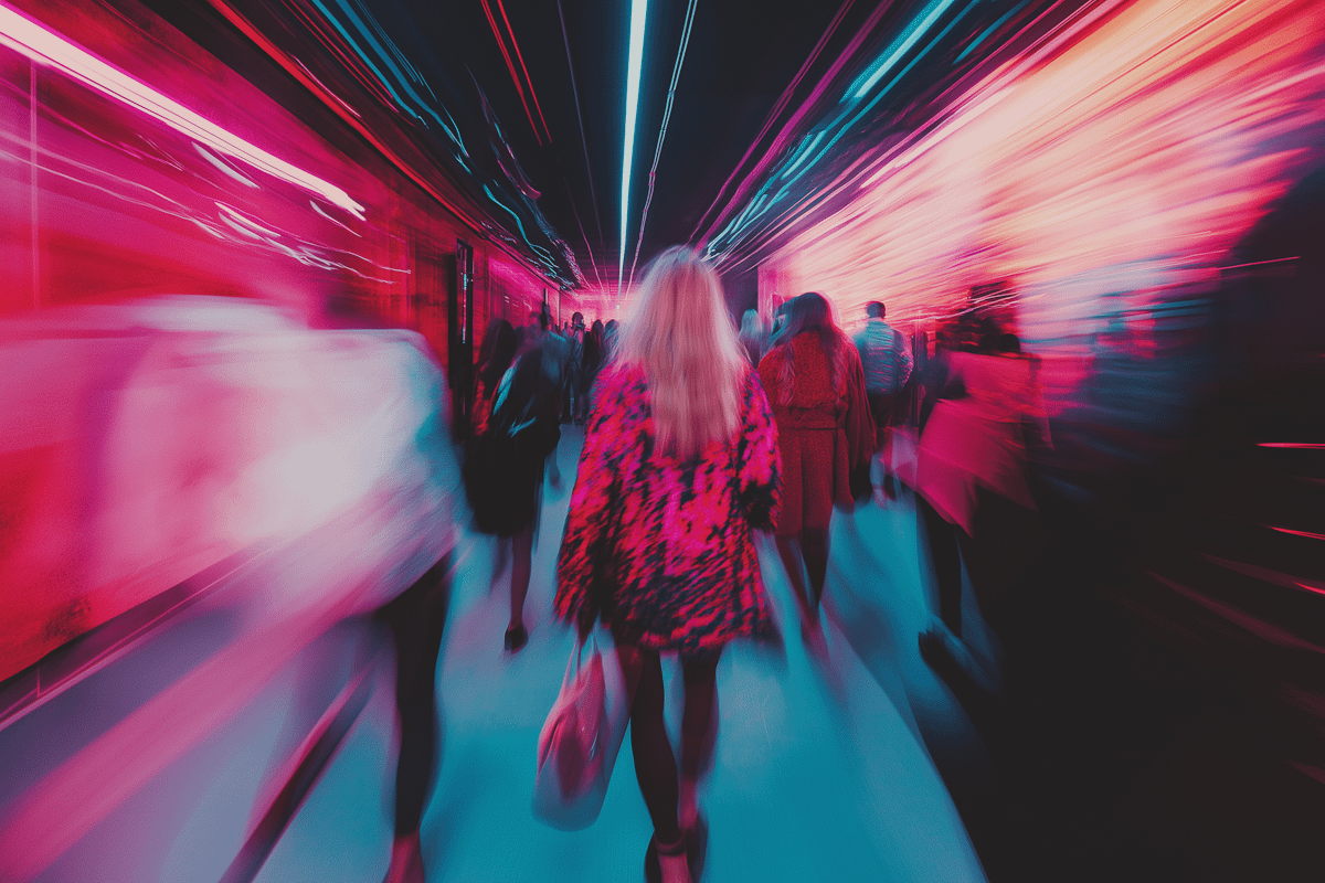 Dynamic neon-lit corridor with motion-blurred crowd, featuring a woman in a pink patterned coat walking through vibrant lights