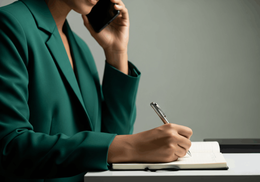A professional in a green blazer multitasks, writing in a notebook while on a phone call, set against a neutral background