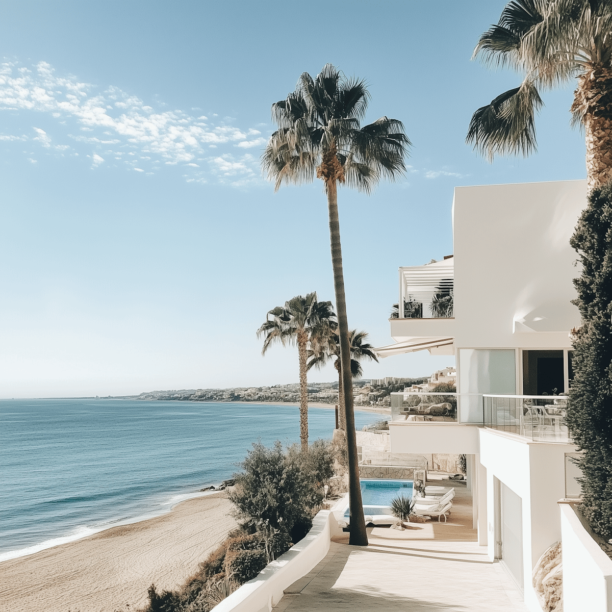 Luxurious beachfront property with palm trees, modern architecture