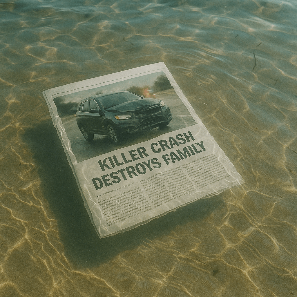 The photograph shows a newspaper submerged in shallow, clear ocean water. The newspaper headline reads “KILLER CRASH DESTROYS FAMILY” above a large photo of a damaged SUV with emergency lights faintly visible in the background. The paper appears soaked and wrinkled, blending with ripples and sunlight reflections on the sandy seabed, creating a surreal and melancholic effect
