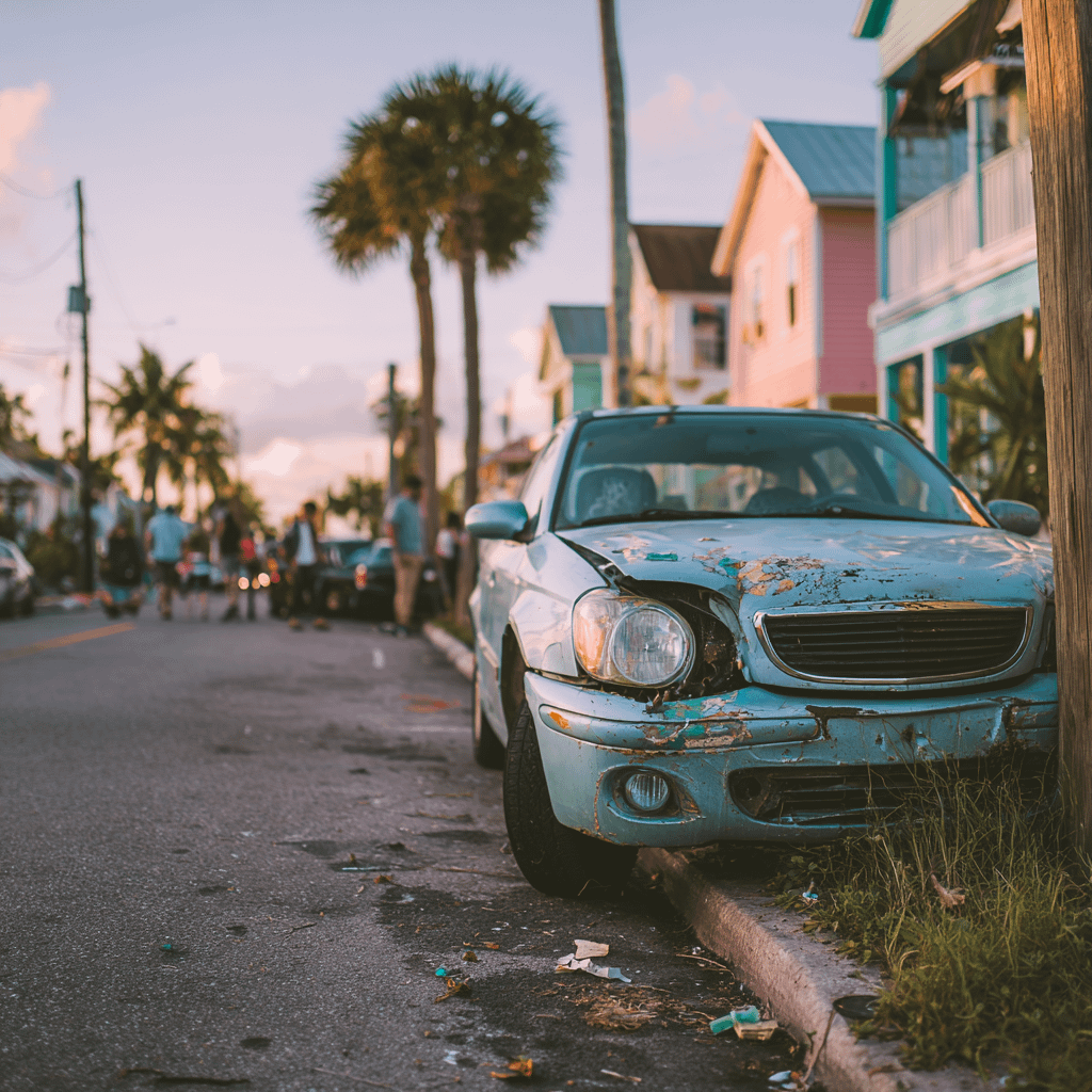 a closeup of a car after it collided with a telephone pole