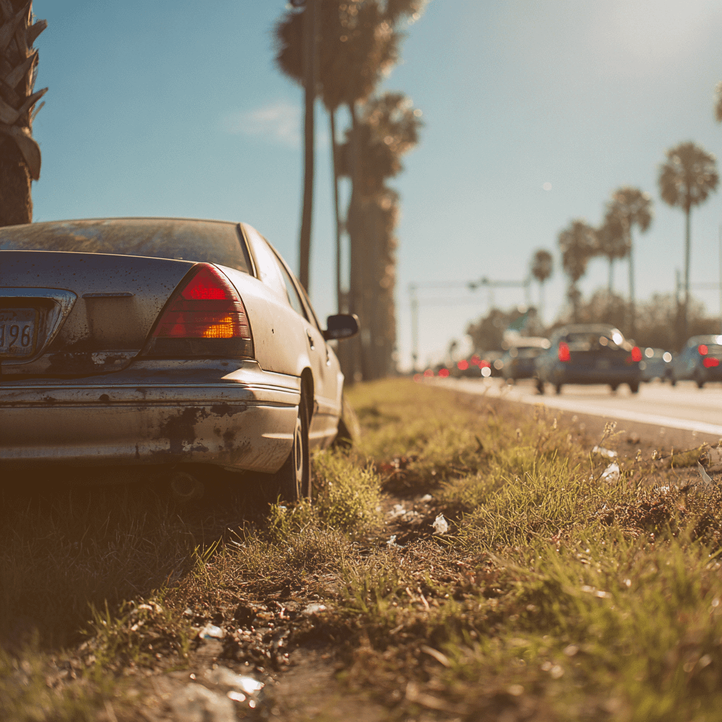 a car parked on the grass next to a major highway in florida