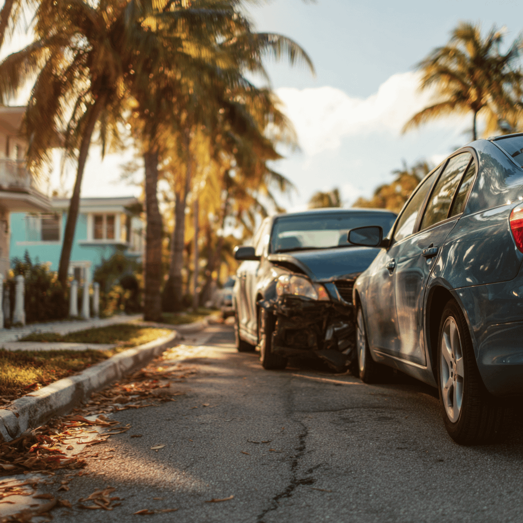 two cars sitting in the road after a head-on collision