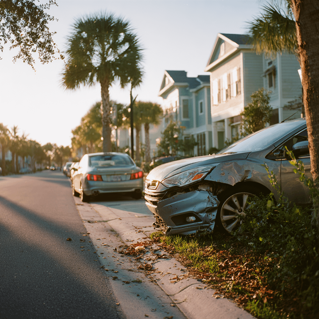 a damaged car sitting in a driveway