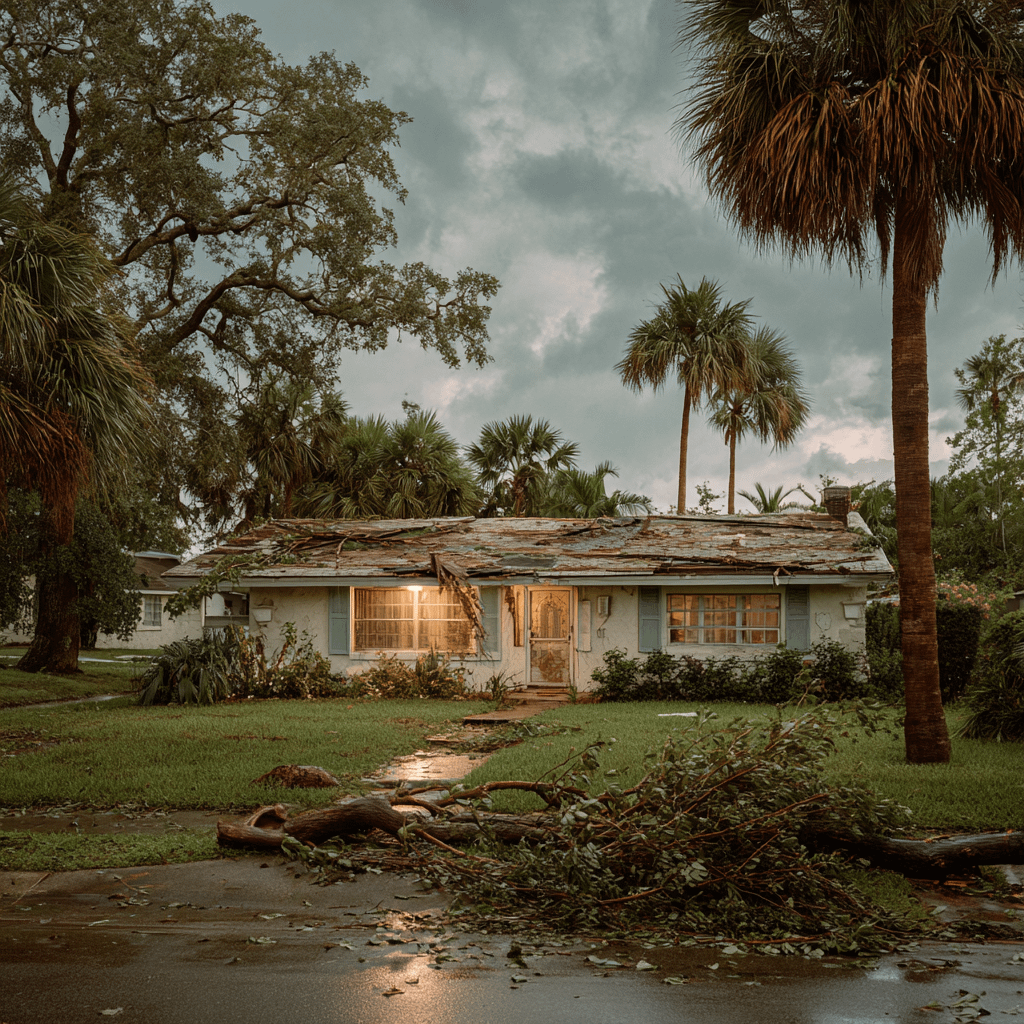 a florida home surrounded by debris after a storm