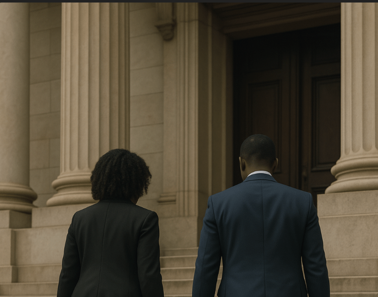 Two trial lawyers walking side by side up the wide stone steps of a grand courthouse