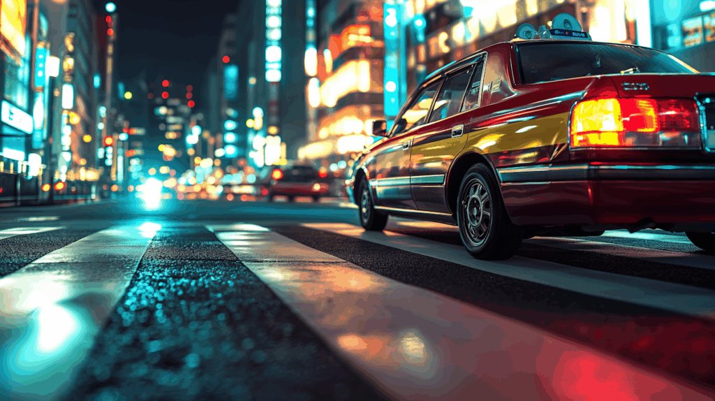 City street at night with a red and yellow taxi on a wet zebra crossing, reflecting neon lights