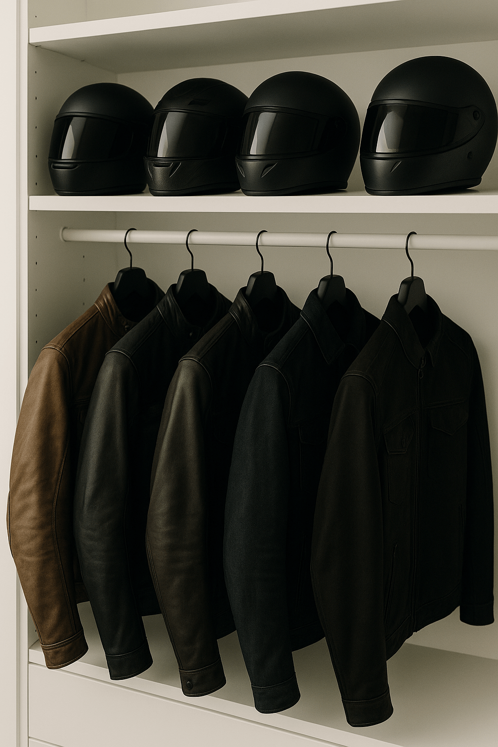 A stylish white wardrobe displays a motorcyclist’s gear, with five jackets in brown, black, and dark denim neatly aligned on hangers, all pointing in the same direction. Above them, four sleek full-face helmets with tinted visors and modern coated finishes sit in a row on a white shelf, highlighted by soft, diffused lighting