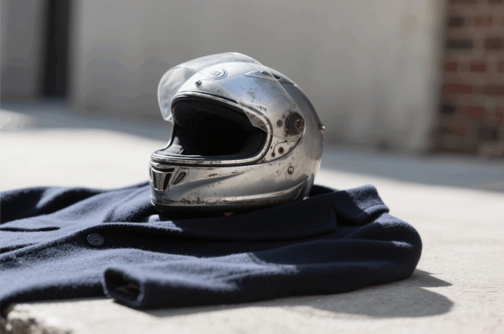 A worn silver motorcycle helmet with a clear visor sits on a dark blue jacket on a sunlit concrete surface
