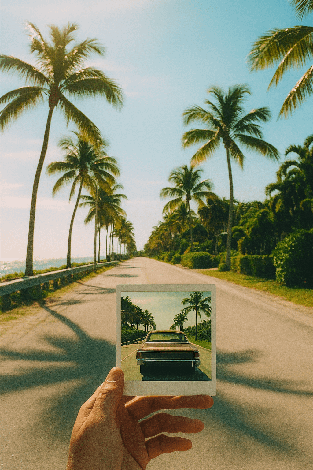 A hand holds a vintage Polaroid photo of a classic car on a palm-lined road, with the turquoise ocean and tall palm trees of Hollywood, Florida visible sharply in the background
