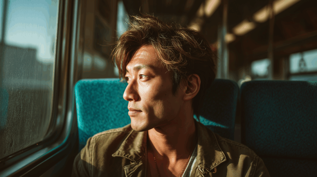 A man on a train gazes out the window, sunlight highlighting his thoughtful expression