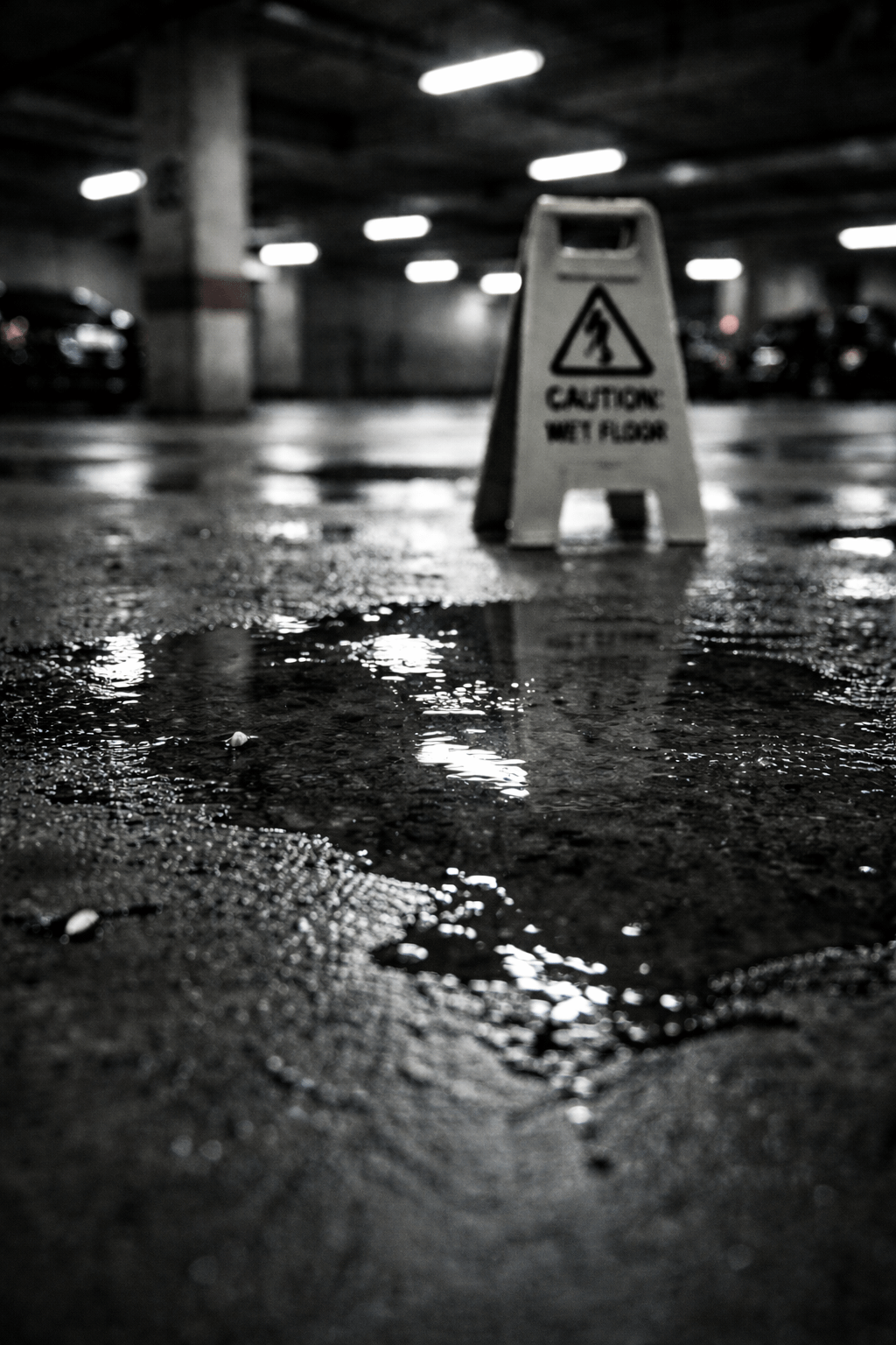 A wet concrete floor in a parking garage, with a reflective puddle in the foreground and a blurred “Caution Wet Floor” sign in the background - B&W