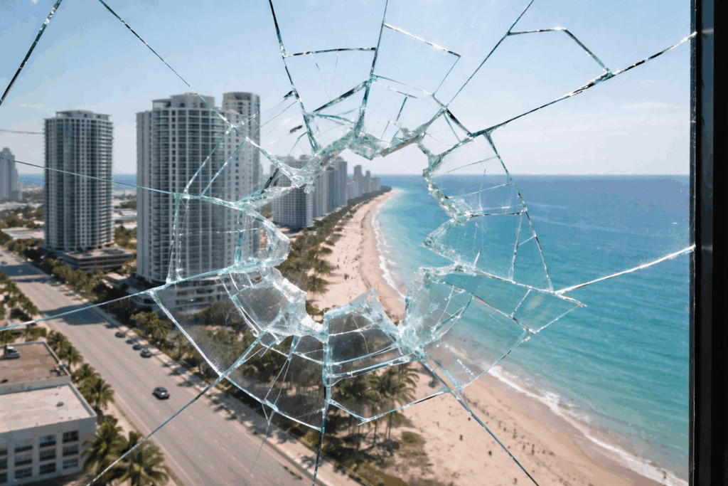 Shattered window overlooking Hollywood, Florida’s coastline, symbolizing sudden damage, disruption, and the need for strong legal protection.