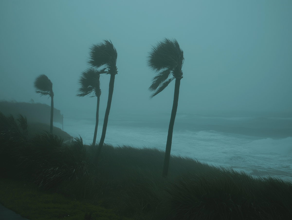 Palm trees bent sharply in powerful winds along a stormy coastline, with heavy mist and rough waves crashing under a dark, hazy sky.