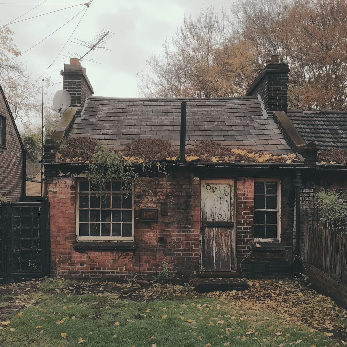 An old brick house with a sagging slate roof, overgrown gutters, peeling wooden door, and weather-worn windows, surrounded by fallen leaves and autumn trees.