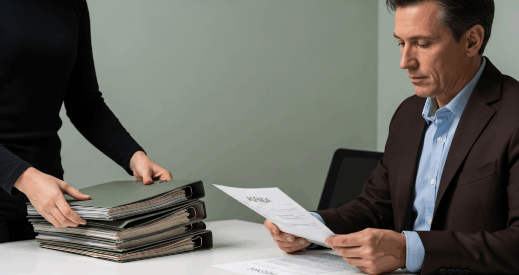 A man in a suit reviewing printed documents at a desk while another person places a stack of thick binders beside him.
