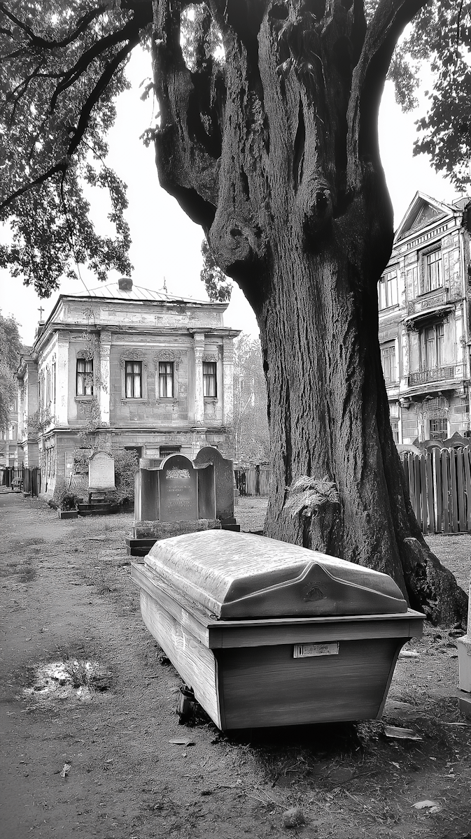 A weathered wooden coffin resting beside a massive old tree in a quiet, aged cemetery, with worn gravestones and dilapidated historic buildings in the background.