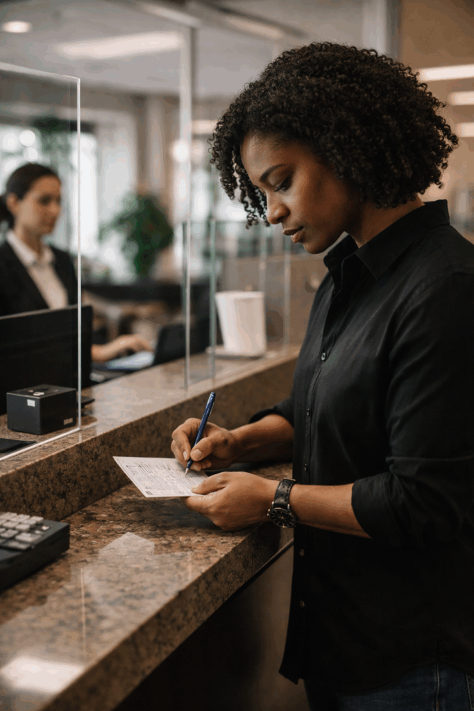 A woman dressed in a black shirt and jeans is cashing a check at the bank