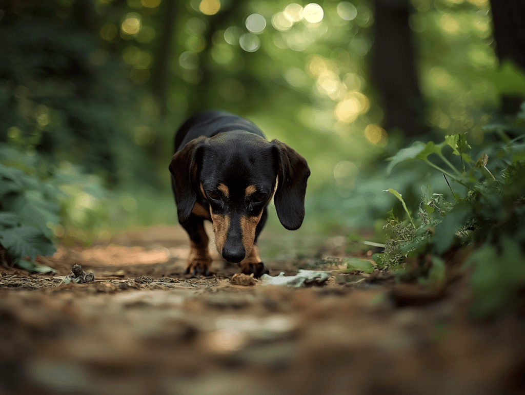 Curious dachshund explores a forest path, surrounded by lush greenery and dappled sunlight.