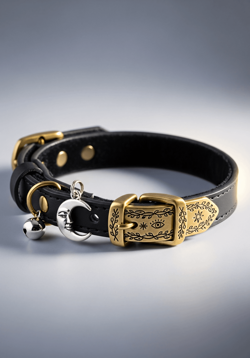 A black leather collar with gold accents, engraved buckles, and moon charm