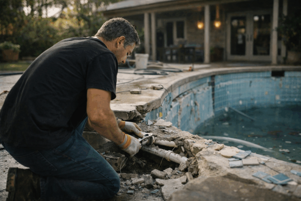Man repairing a damaged swimming pool