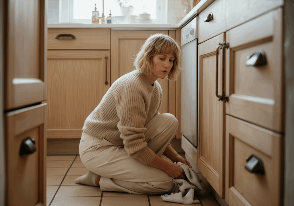A woman kneels in a bright kitchen, cleaning near a dishwasher, surrounded by light wood cabinets and natural light.