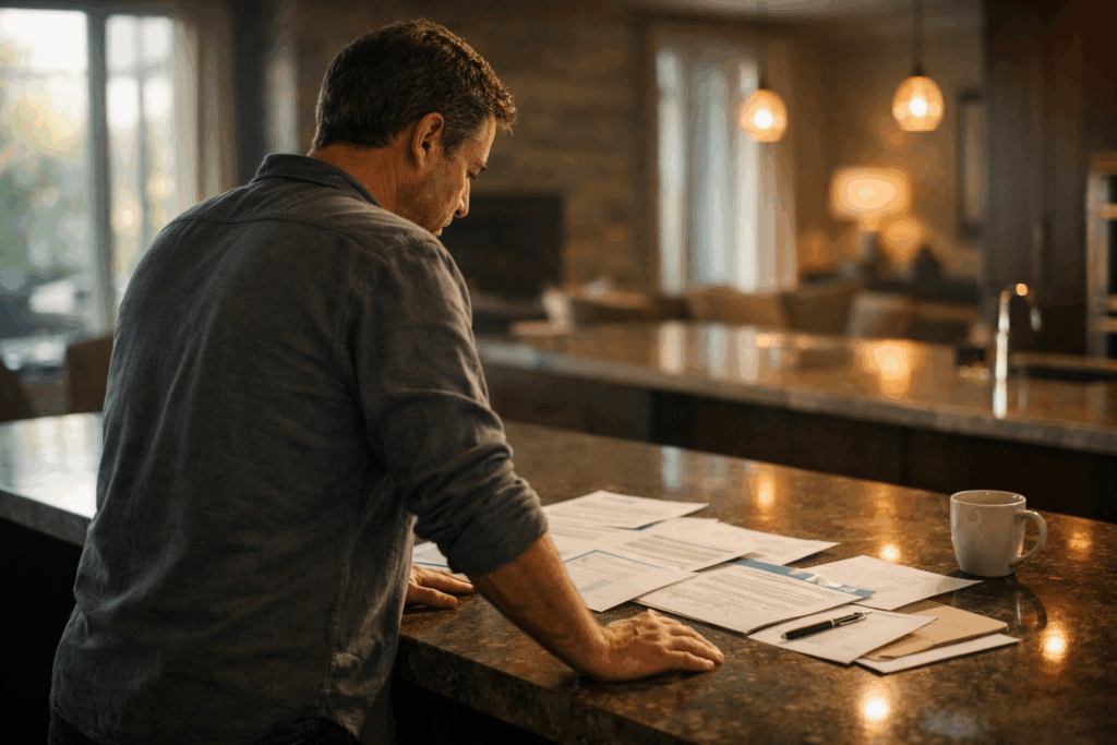 Homeowner standing alone in a large, upscale kitchen, reviewing paperwork spread across a counter, lit by soft natural light that emphasizes a thoughtful and serious mood