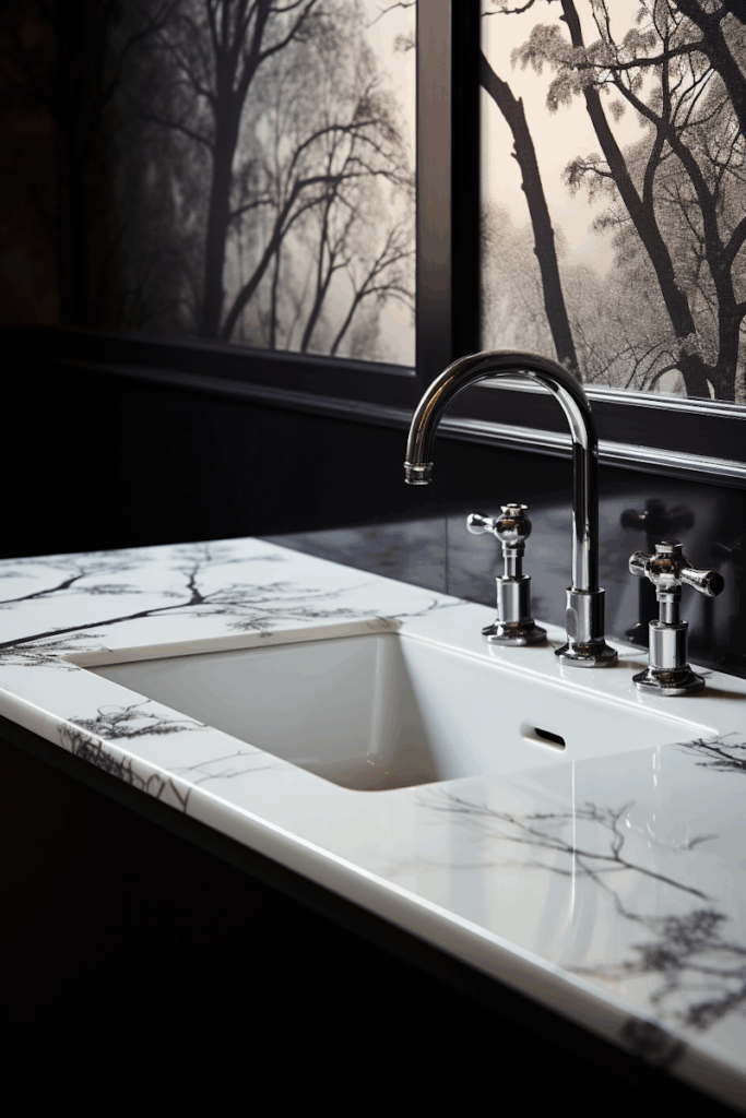 Elegant bathroom sink with chrome faucet and artistic tree branch design on the countertop, set against a serene monochrome tree backdrop.