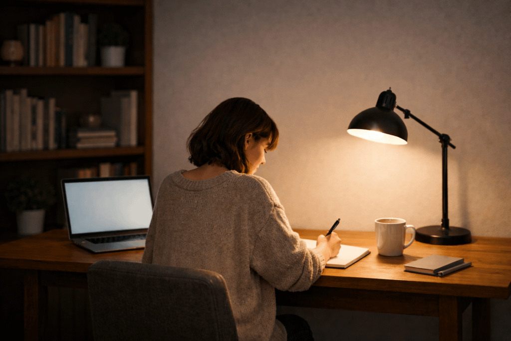A woman sits at a desk, focused on her laptop, with a notebook open beside her.