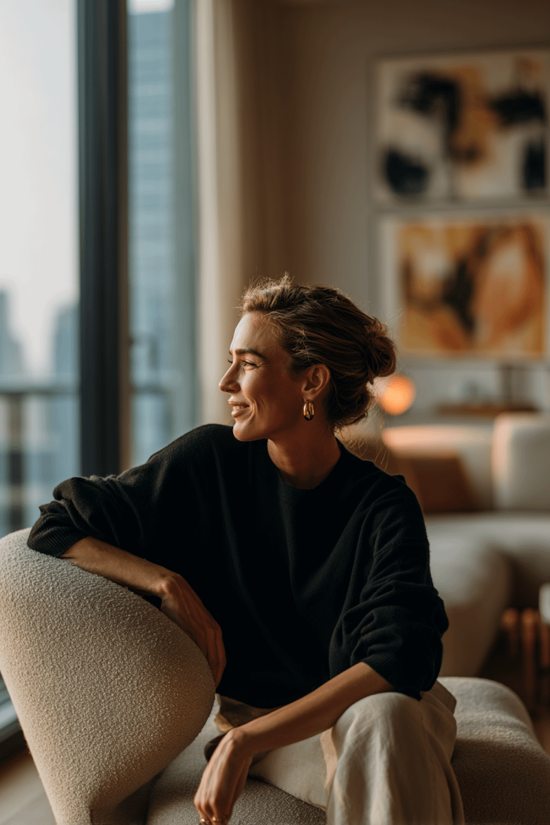 A woman in a cozy, modern interior, smiling as sunlight streams through large windows, creating a warm and inviting atmosphere.