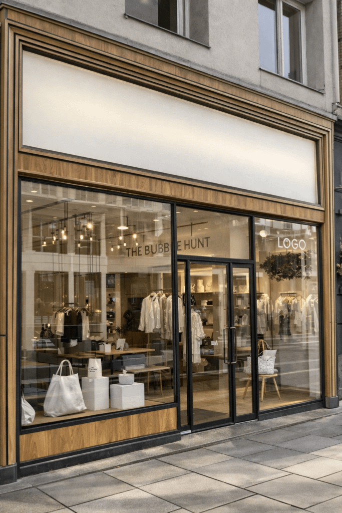 Minimalist storefront with large glass windows, light wood paneling, and a blank signboard. Inside, neutral-toned clothing and accessories are displayed.