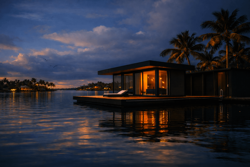 Tropical sunset over modern waterfront house