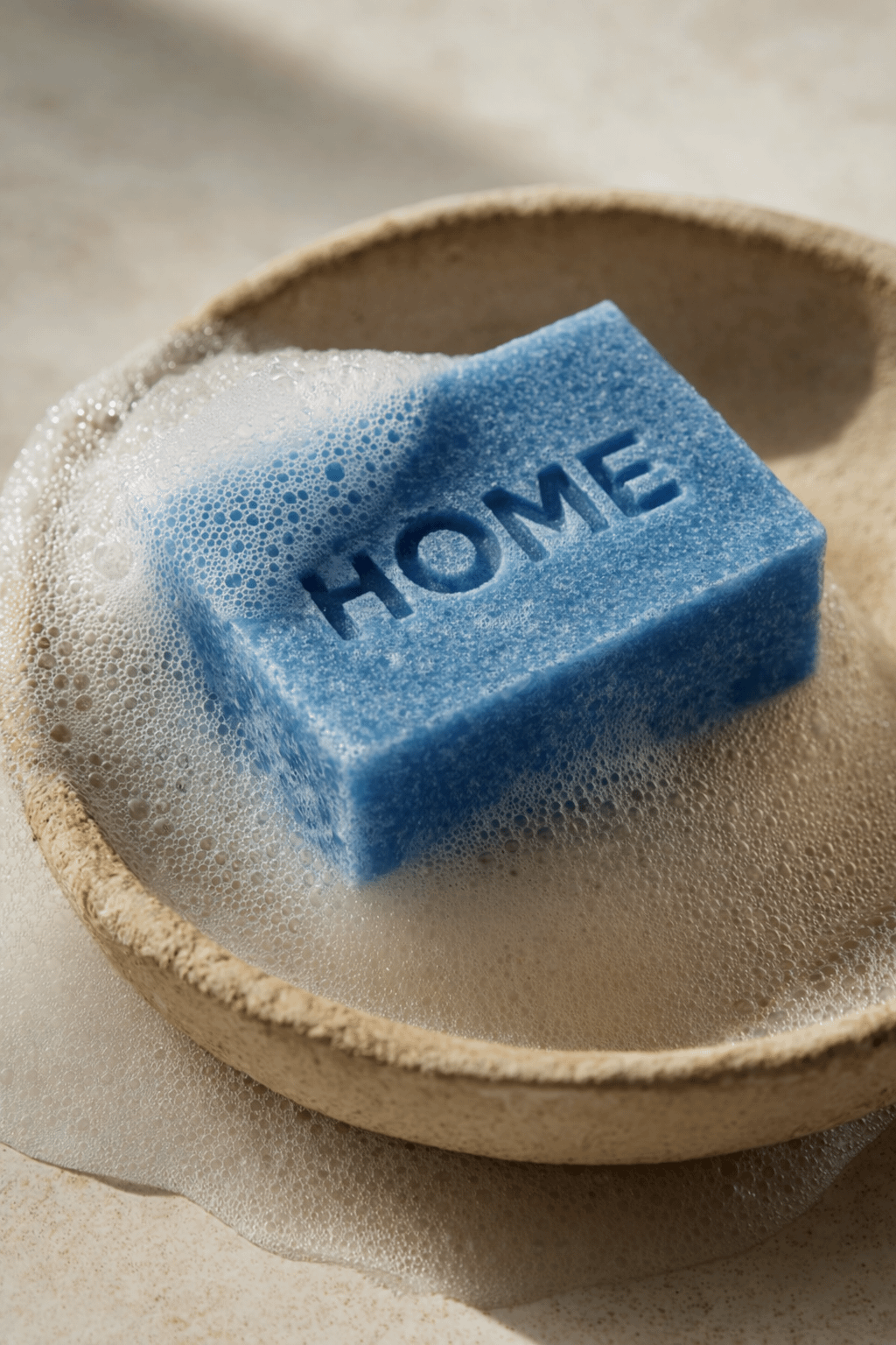 A blue soap bar resting in a bowl filled with clear water.